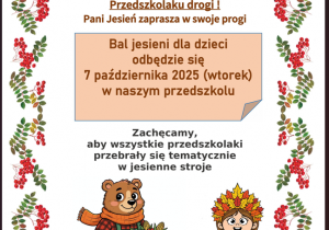 Plakat zaproszenia na Bal Jesieni w przedszkolu, 7 października 2025