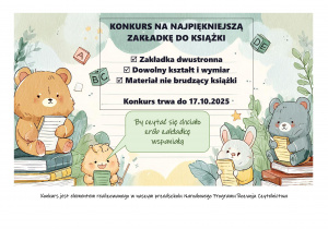 „Plakat konkursu na najpiękniejszą zakładkę do książki, termin do 17 października 2025 r.”
